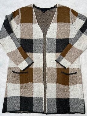 Fortune & Ivy Cardigan 2XL Knee Length Sweater Black Gray Checker Boho Coatigan